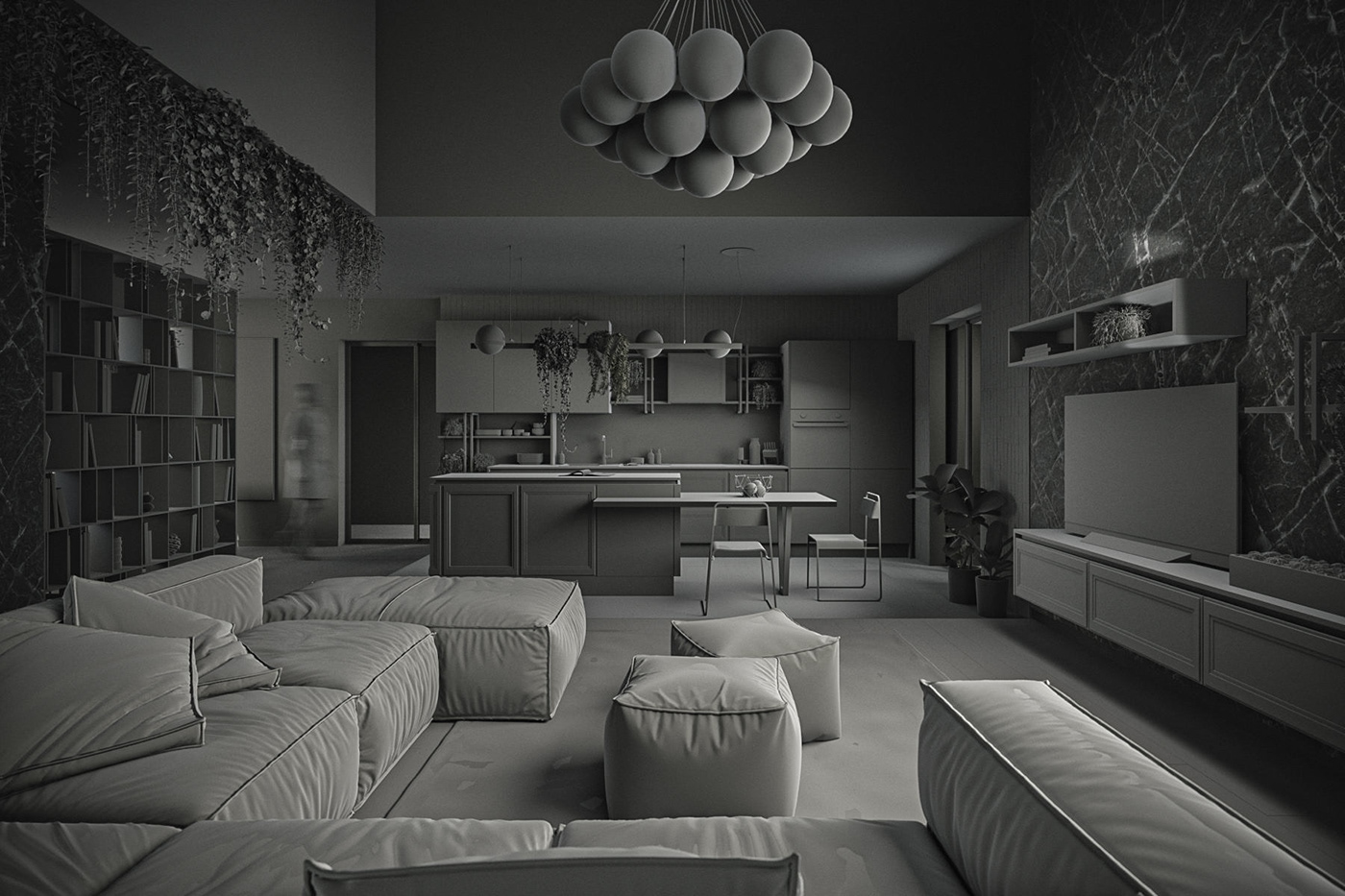 animation  architecture birch fronts CGI laminate large gray sofa modern interior parquet solid wood stone plaster