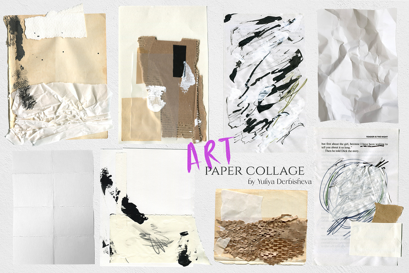Cut, torn, crumpled paper & collages, tape, illustrations, handwritten font Quick notes
