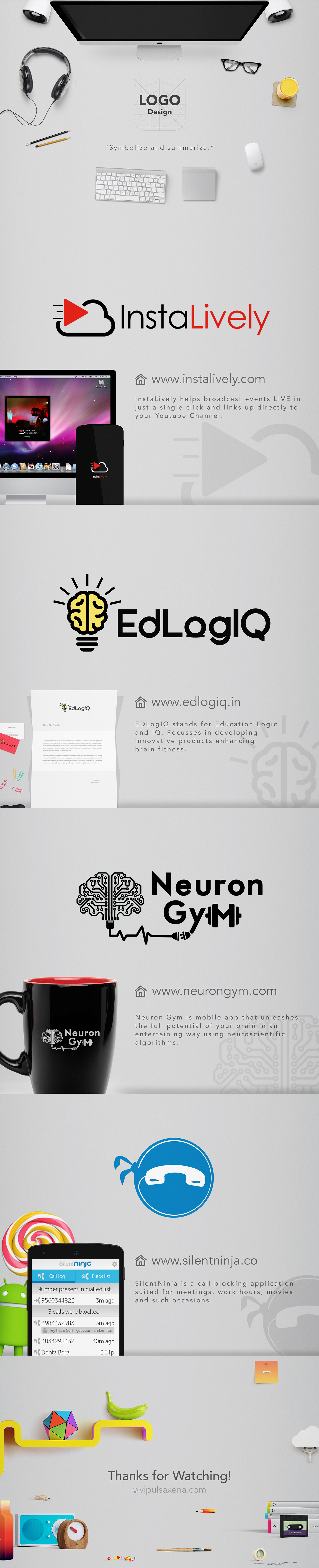 Logo Design Logo book logo flat logo Instalively Edlogiq Silent Ninja Neuron Gym app icons indian startups