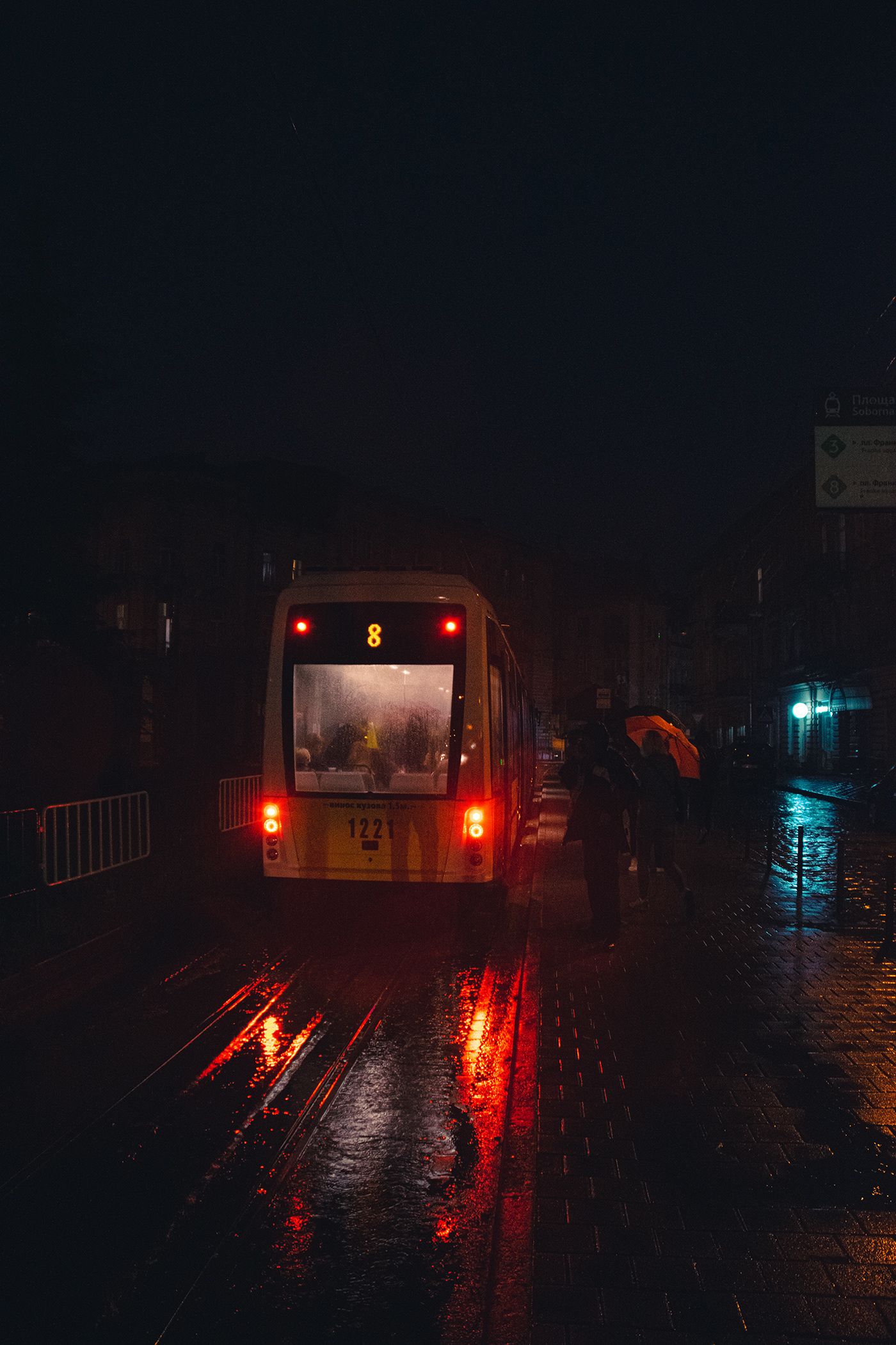 rain city Evening streets tram Lviv ukraine night rainy weather Streetcar