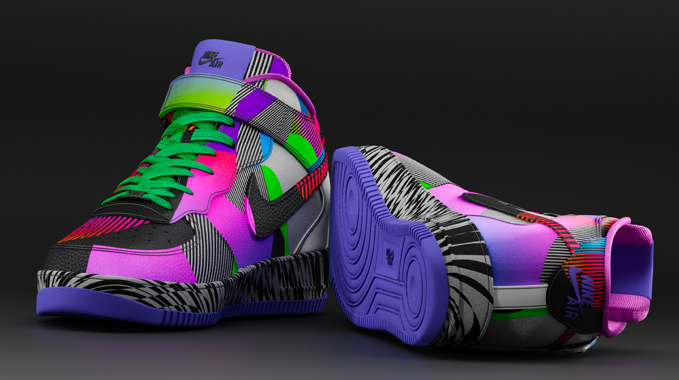 Sneakers in 3D created with colors and graphic design shapes