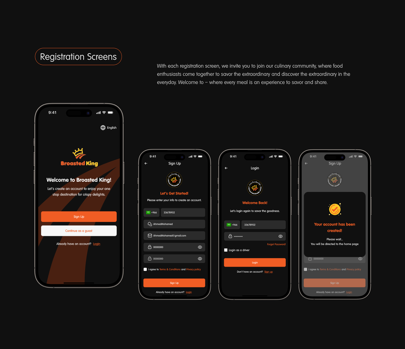 ui design UI/UX Figma Mobile app food design black theme ux user interface restaurant ui food app