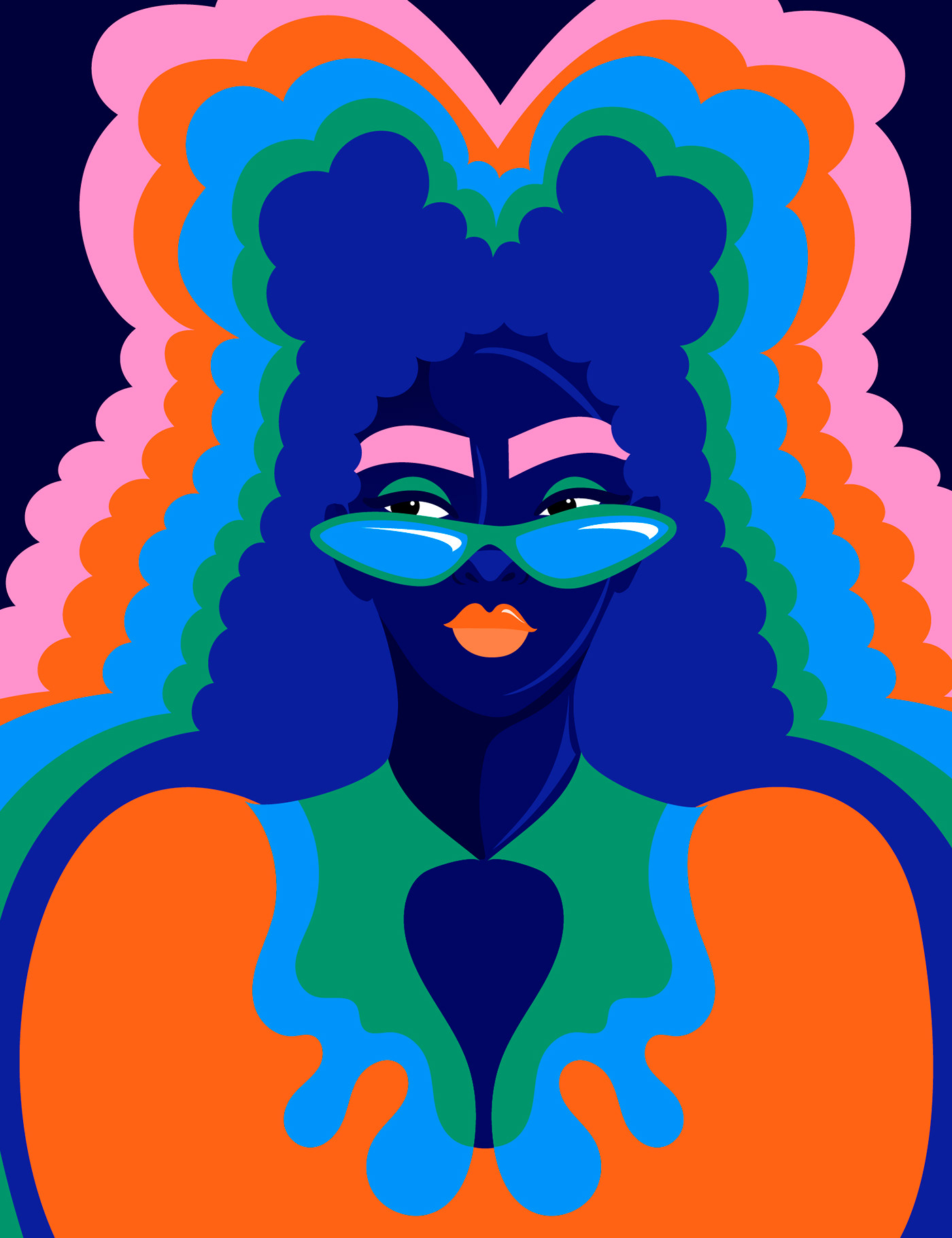 illustrated person wearing sun glasses in bold and vibrant colours