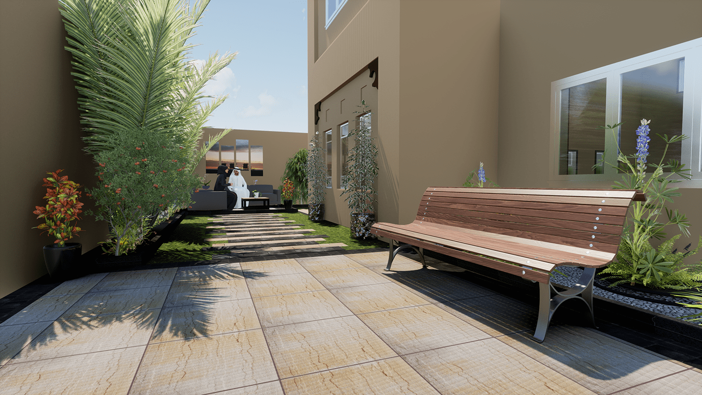 3D Views Andalusian building construction drawing court yard design Fujairah garden Landscape quantity