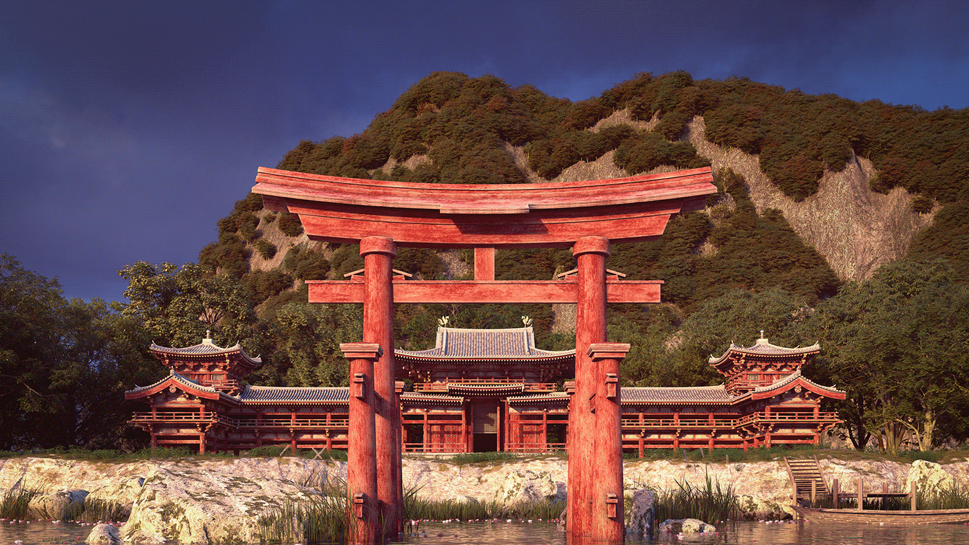 byodo in japan temple architecture fuji lake mountain samurai sunset Tree 