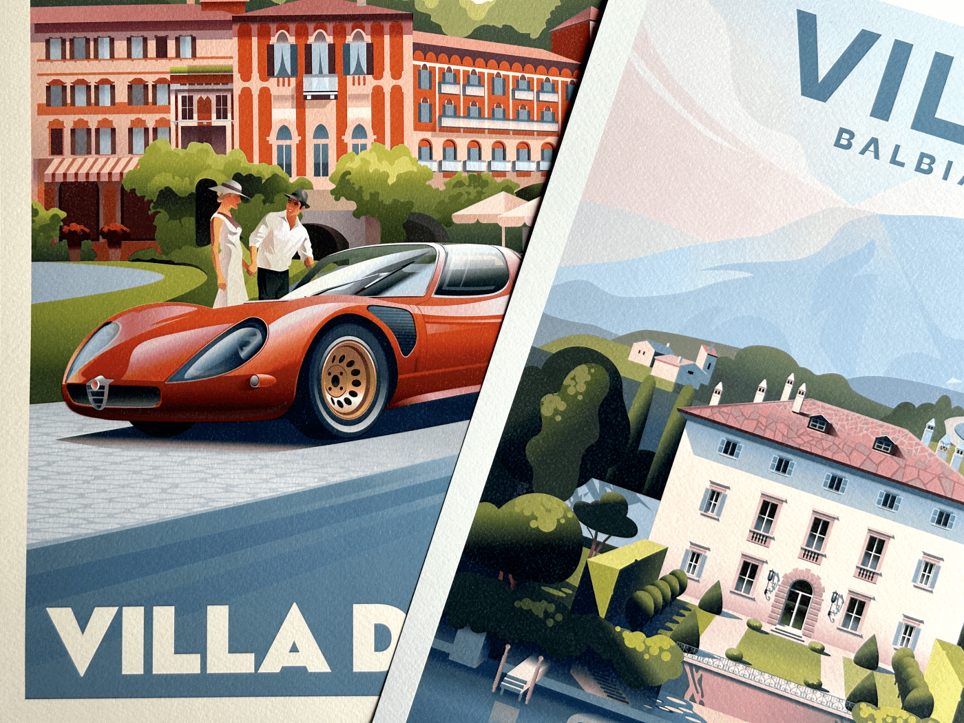 art deco automotive art Car Illustration classic car Italy Lago di Como retro car riva yacht villa d'este vintage poster