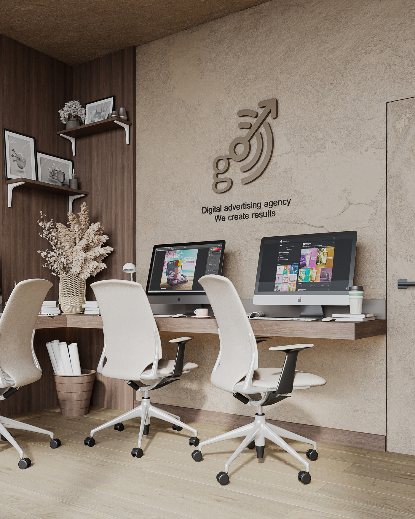workspace Office Japandi Minimalism minmal brand identity 3ds max interior design  visualization Render