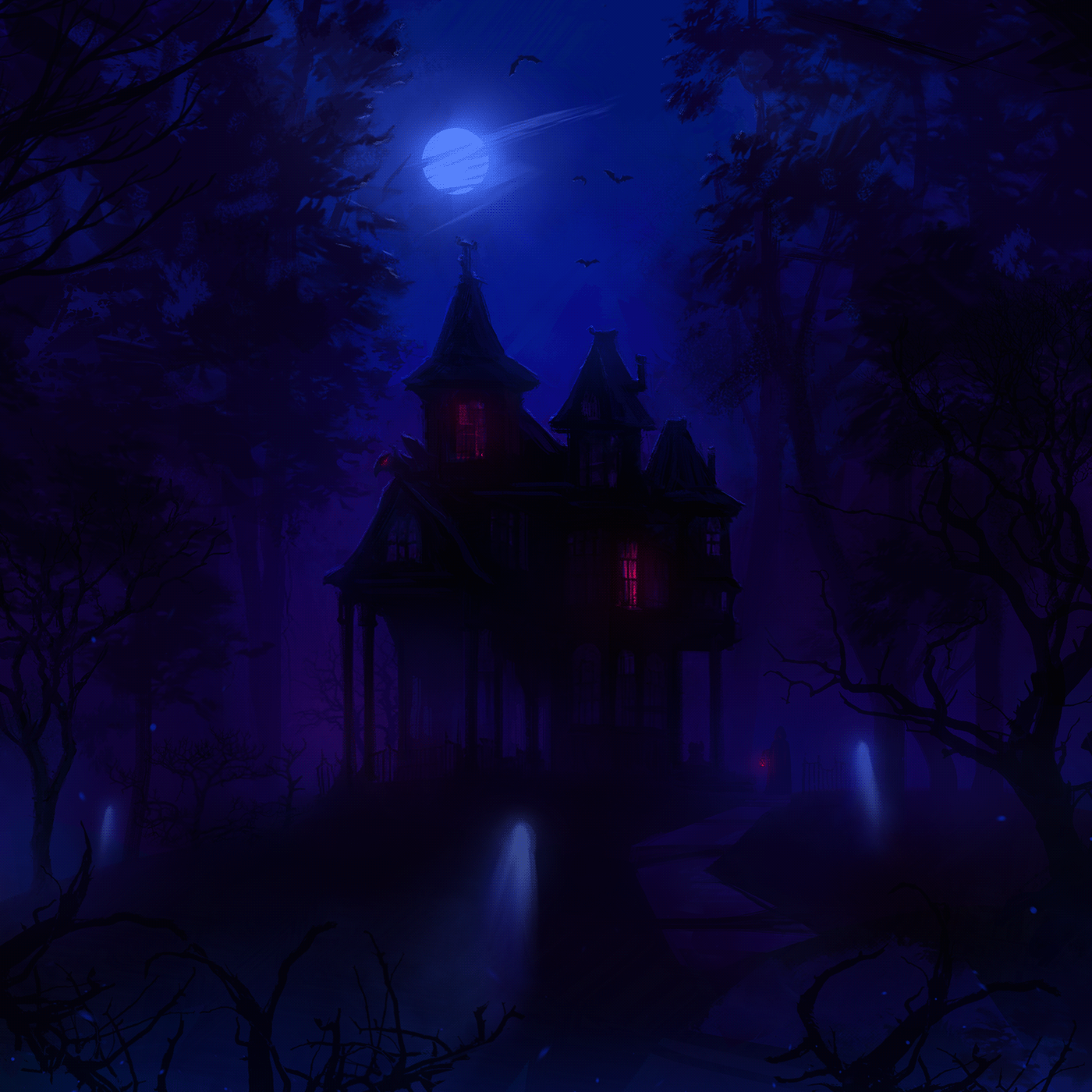 dark fantasy forest full moon ghost Halloween haunted house night spooky