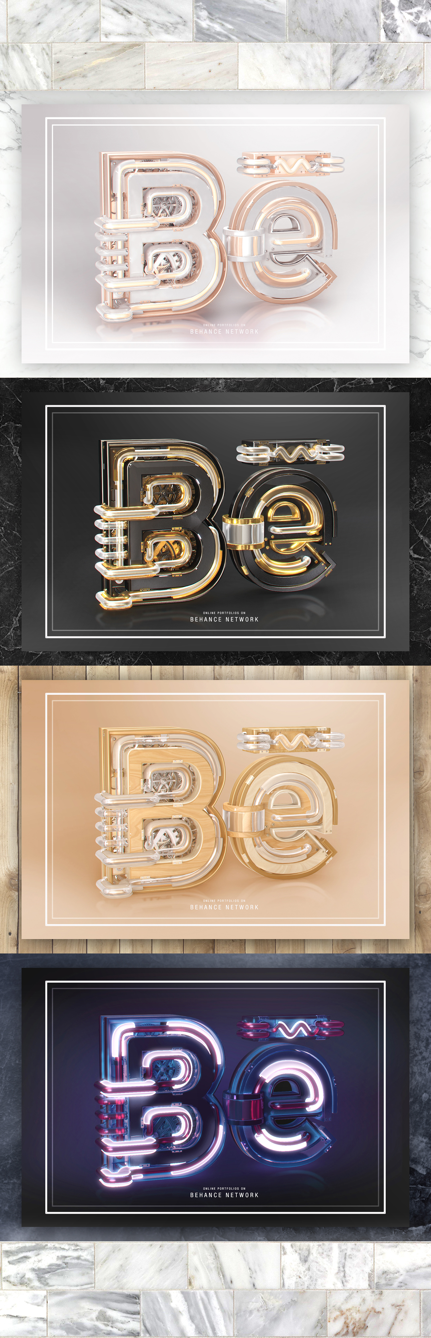 Behance Gear neon c4d Rose Gold gold poster design concept Ident