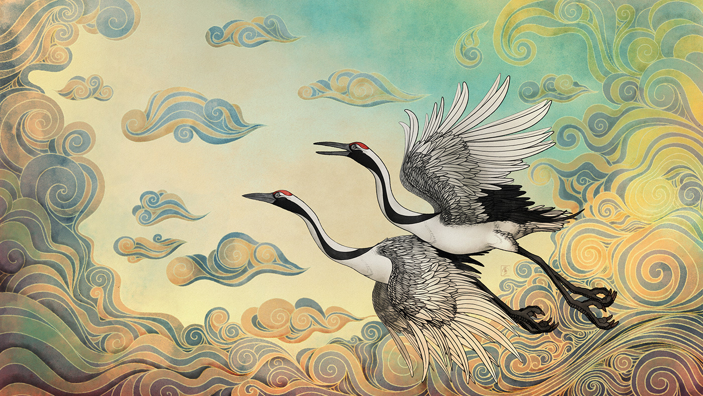 art chinese clouds cranes Mural panel