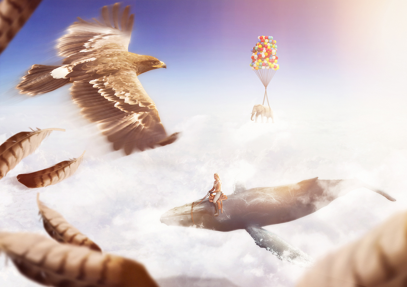 eagle animals cloud Sun SKY Wale elephant fantasy habitat Flying floating Magical