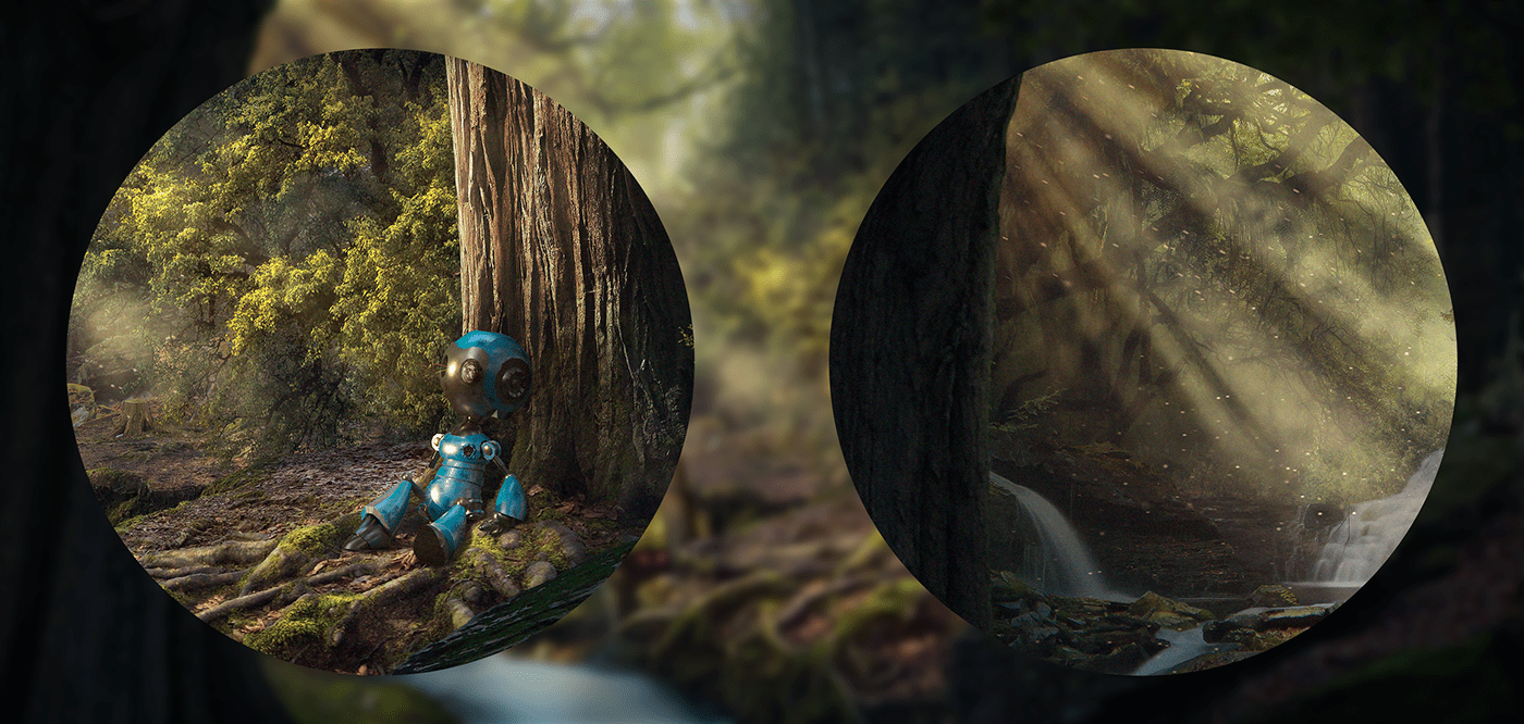 3D composição composition forest ILLUSTRATION  Ilustração photoshop process Render robot