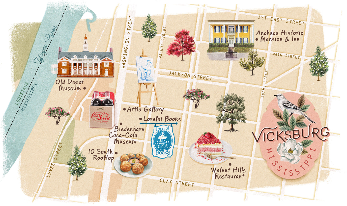 map Editorial Illustration streets lifestyle trees Atlanta Magazine magnolia mapillustration mississipi vicksburg