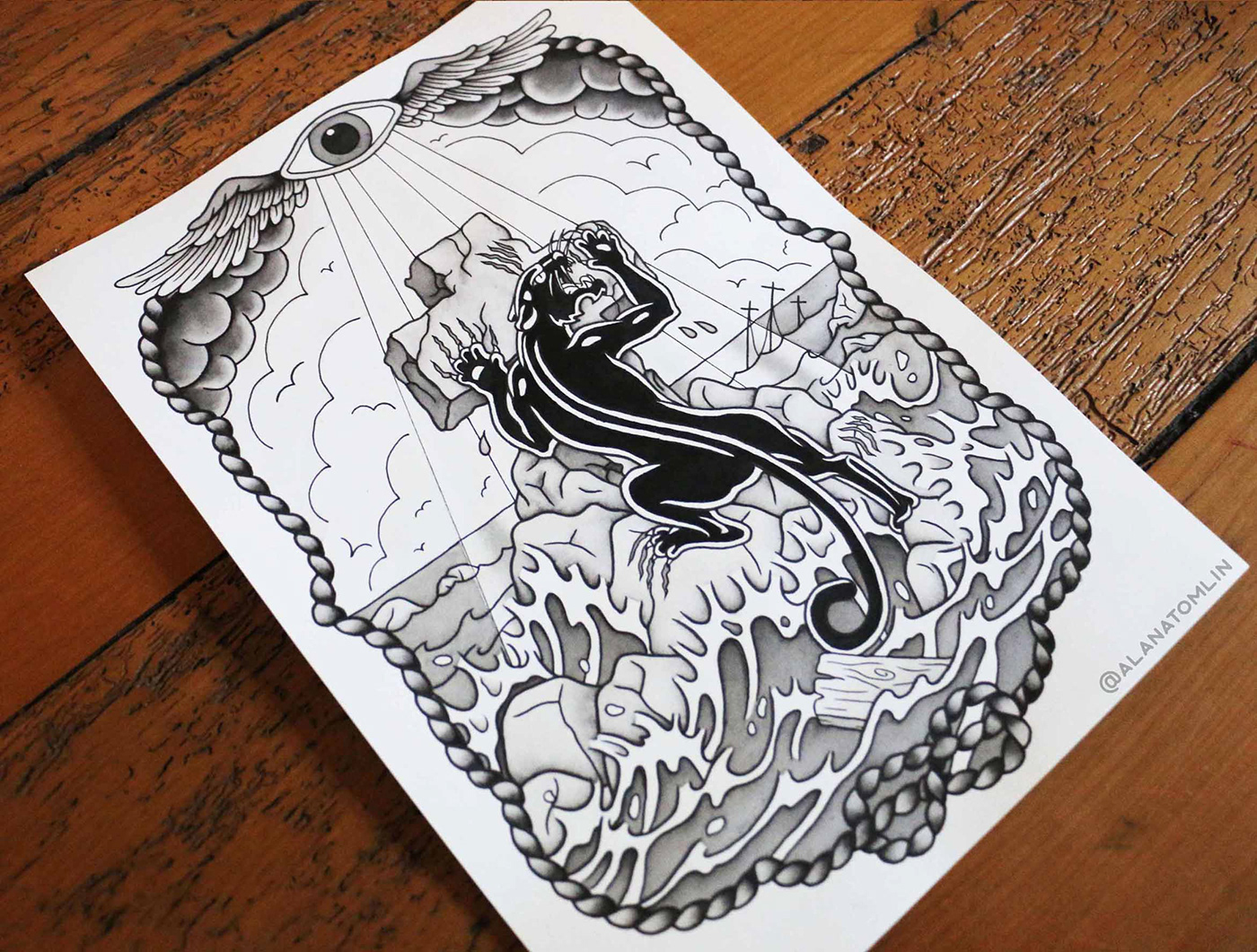 Rock of Ages panther tattoo faith Shipwreck storm alanatomlin alana tomlin american traditional ink painting