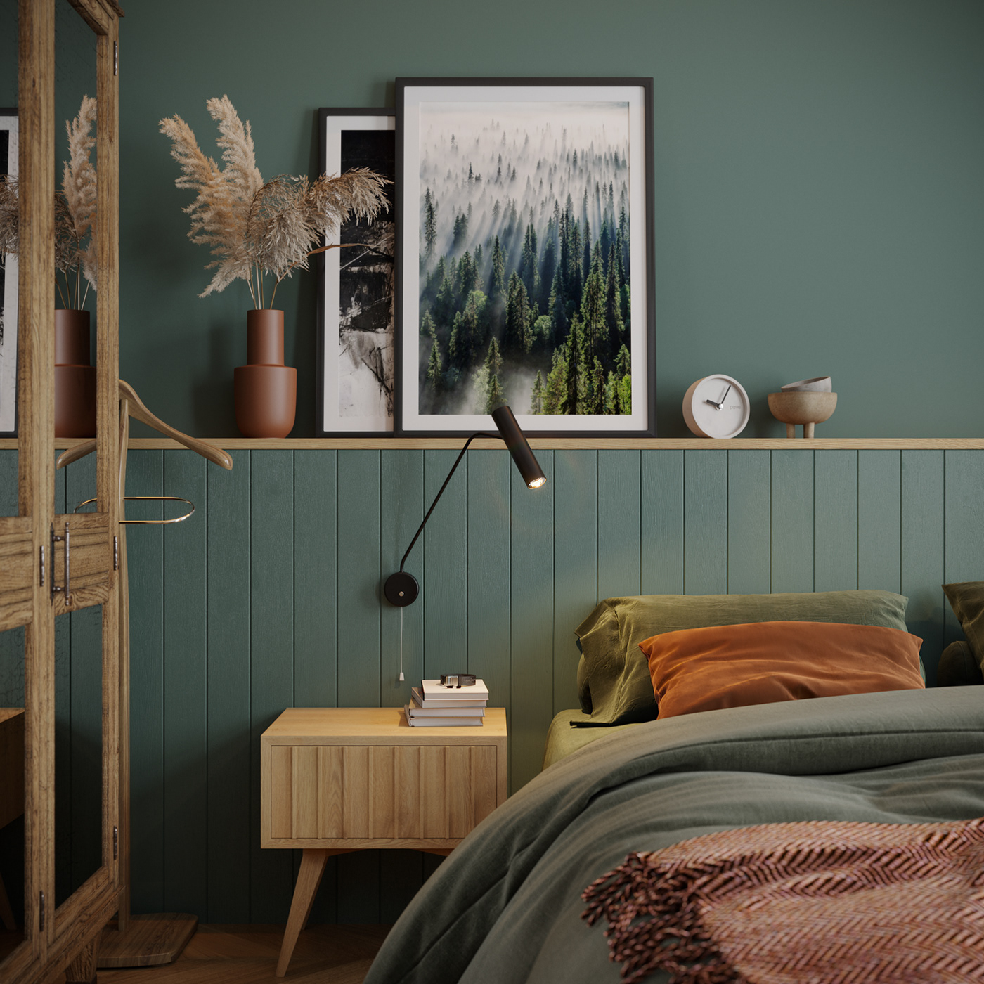 3D bedroom corona CoronaRender  greenbedroom interiordesign sgi visualization warmbedroom