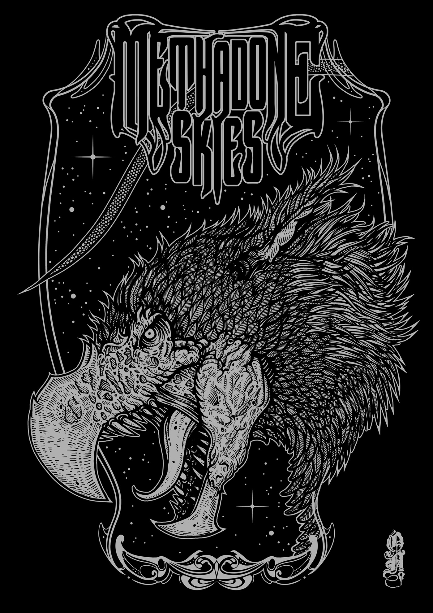 mihai manescu obsidian nibs tshirt Psychedelic Rock band tshirt pen and ink Griffin ink tshirt artwork stoner rock