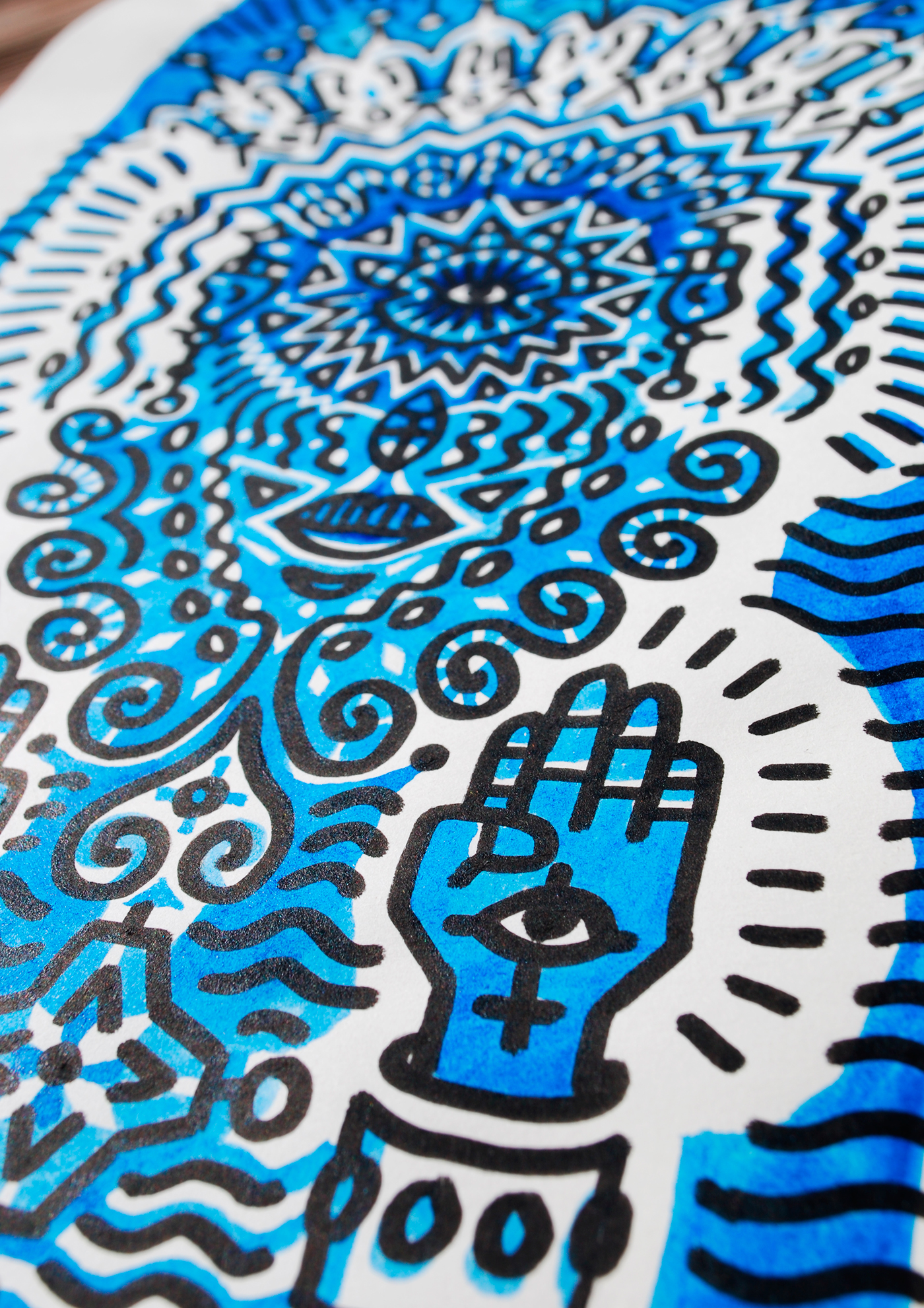 blue black Mandala inca Maya geometry ink India ink acrylic