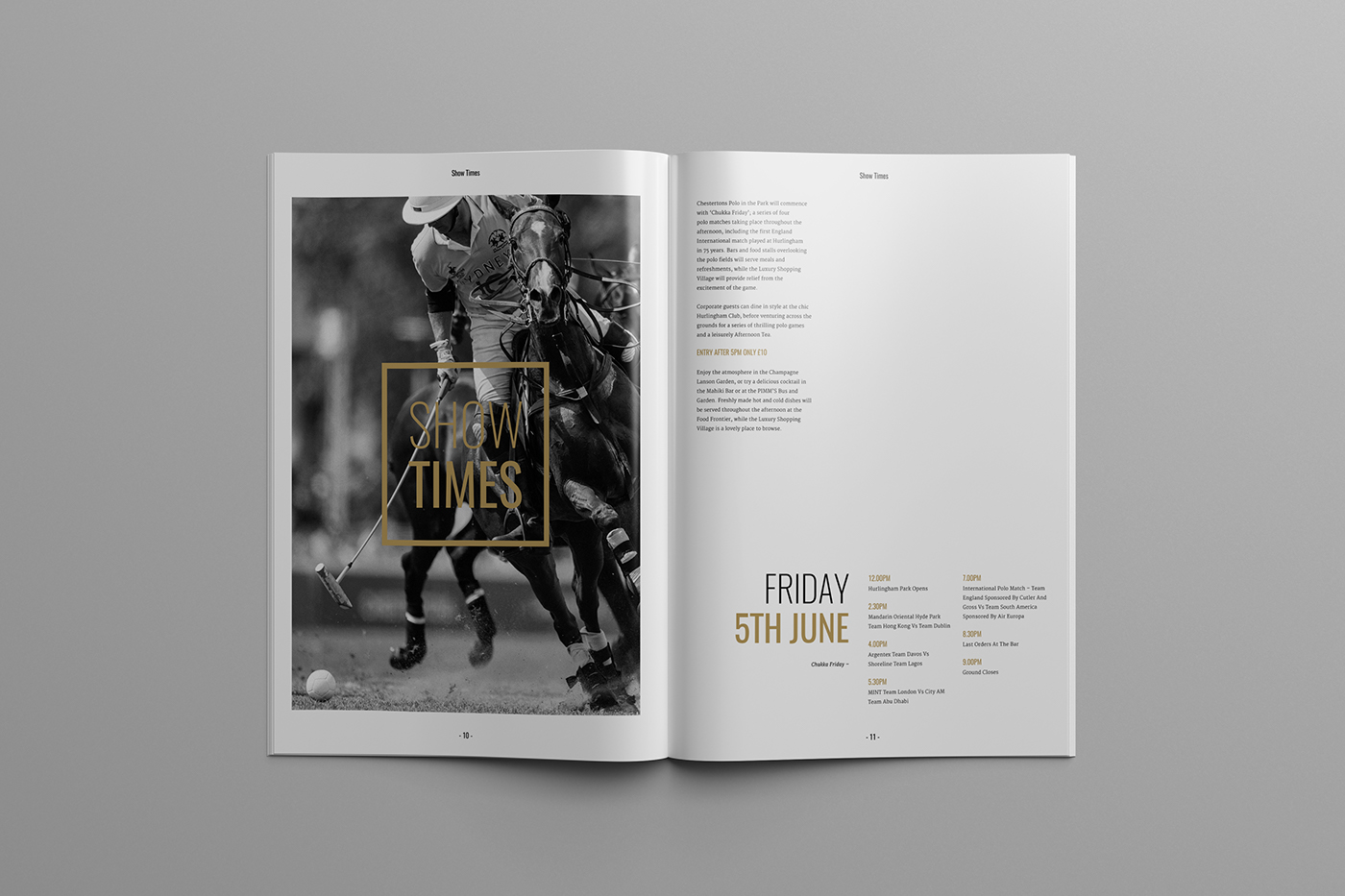 editorial Layout print polo programme horse black & white foiling gold Event