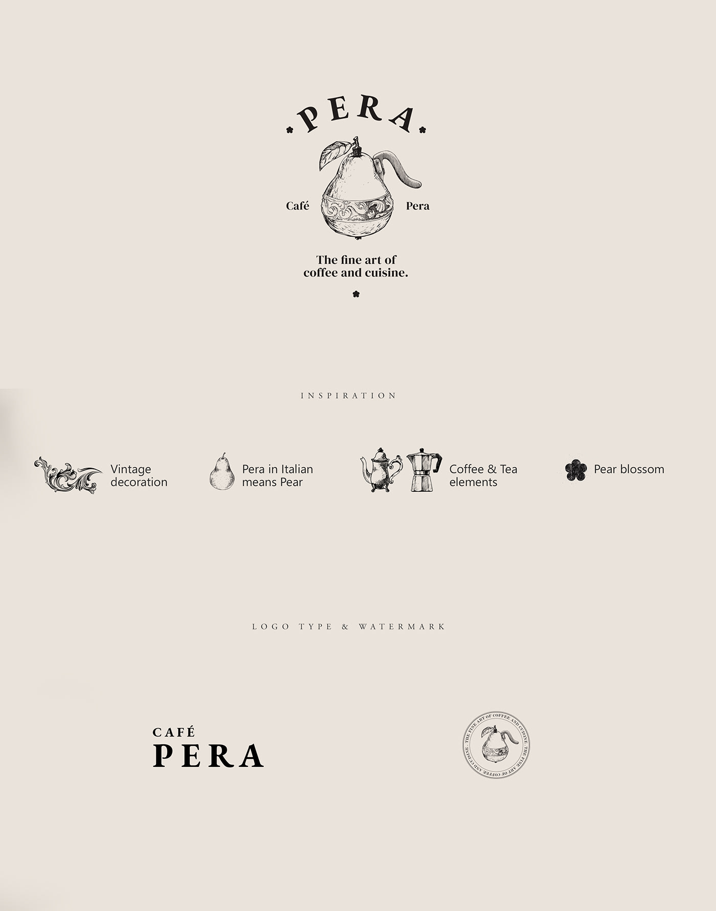 logos
logo design
fine art
pear
coffee
tea
visual identity
vintage
sketch
cuisine