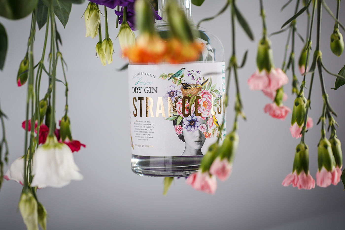 strange luve 43oz design studio label design dry gin surreal Moldova belgium Flowers Packaging