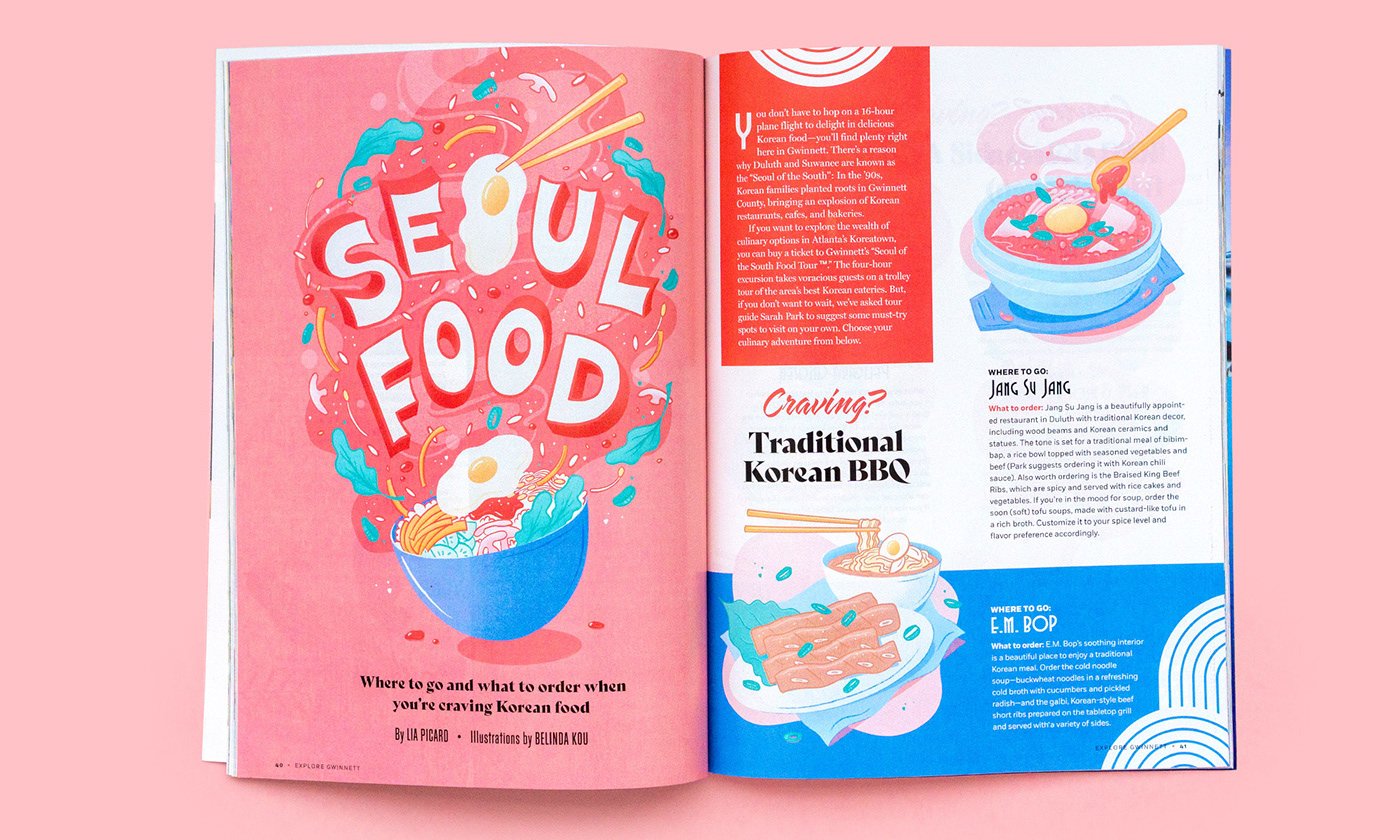 A magazine spread of editorial lettering and illustrations of different types of Korean food dishes 