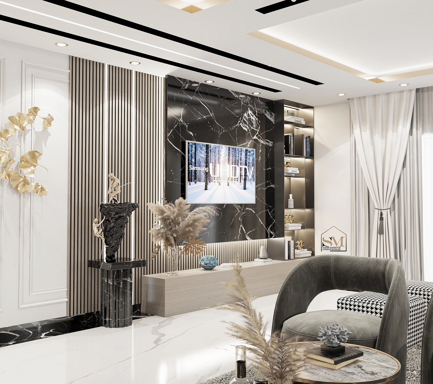 3D 3ds max architecture design interior design  reception tv Villa visualization wood