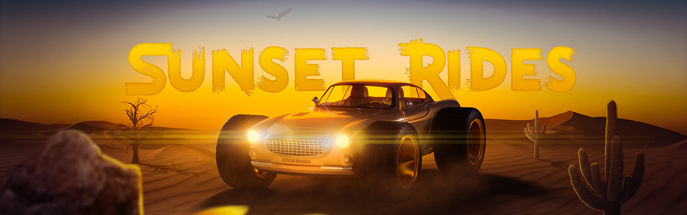 Vehicle 3D blender artwork desert sunset Poster Design car fantasy