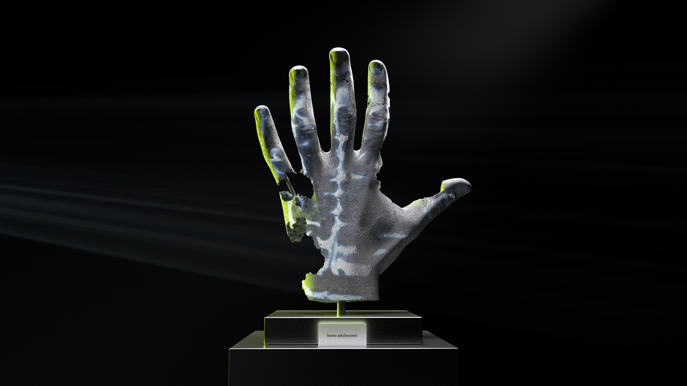 Homo Adulescens Reckless Man hand sculpture CGI Exhibition  light projection man reckless