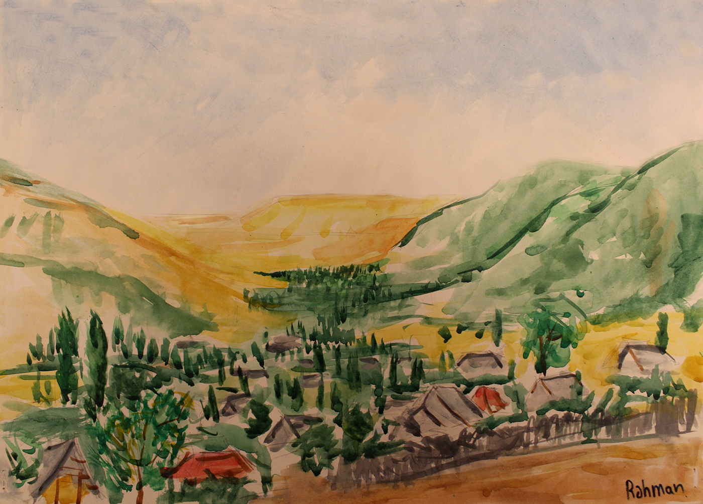 cardboard paper water color oil color felt pen color Landscape sketch village