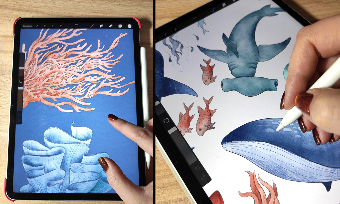 blue whale Digital Art  digital watercolor ocean life pattern collection pattern design  sealife seamless pattern surface design textile pattern