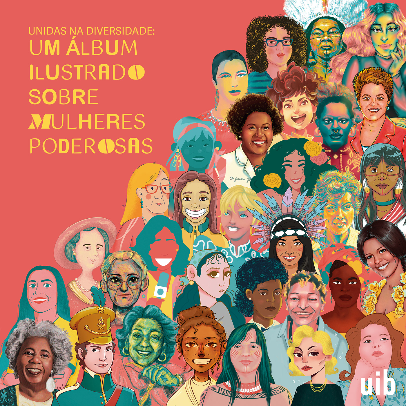 Sticker album book cover about women empowerment with many illustrated portraits in different styles