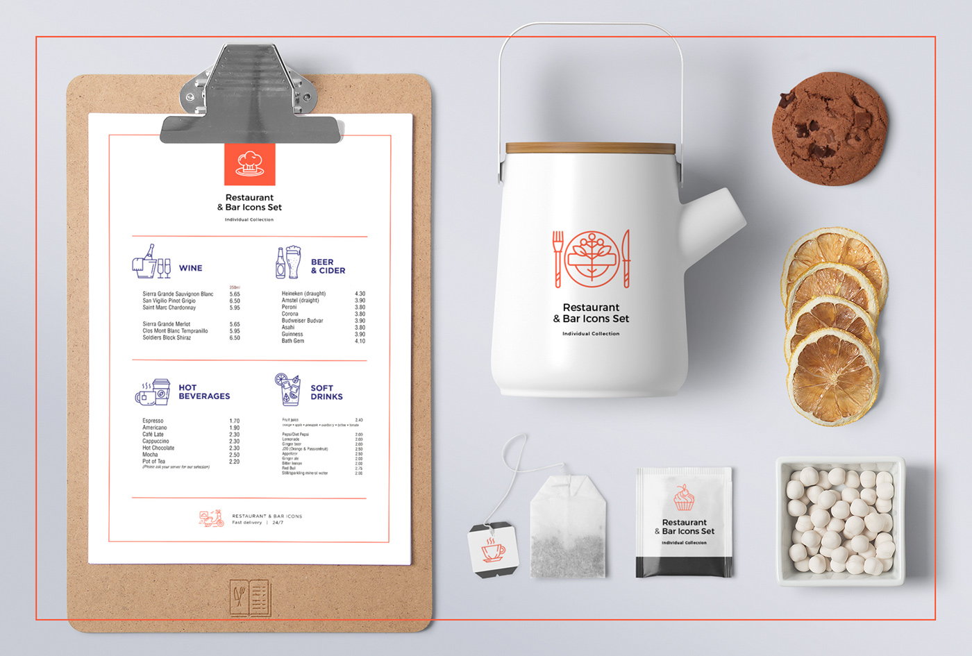 restaurant cafe icon set Food  drinks Icon infographic Stationery identity logofolio