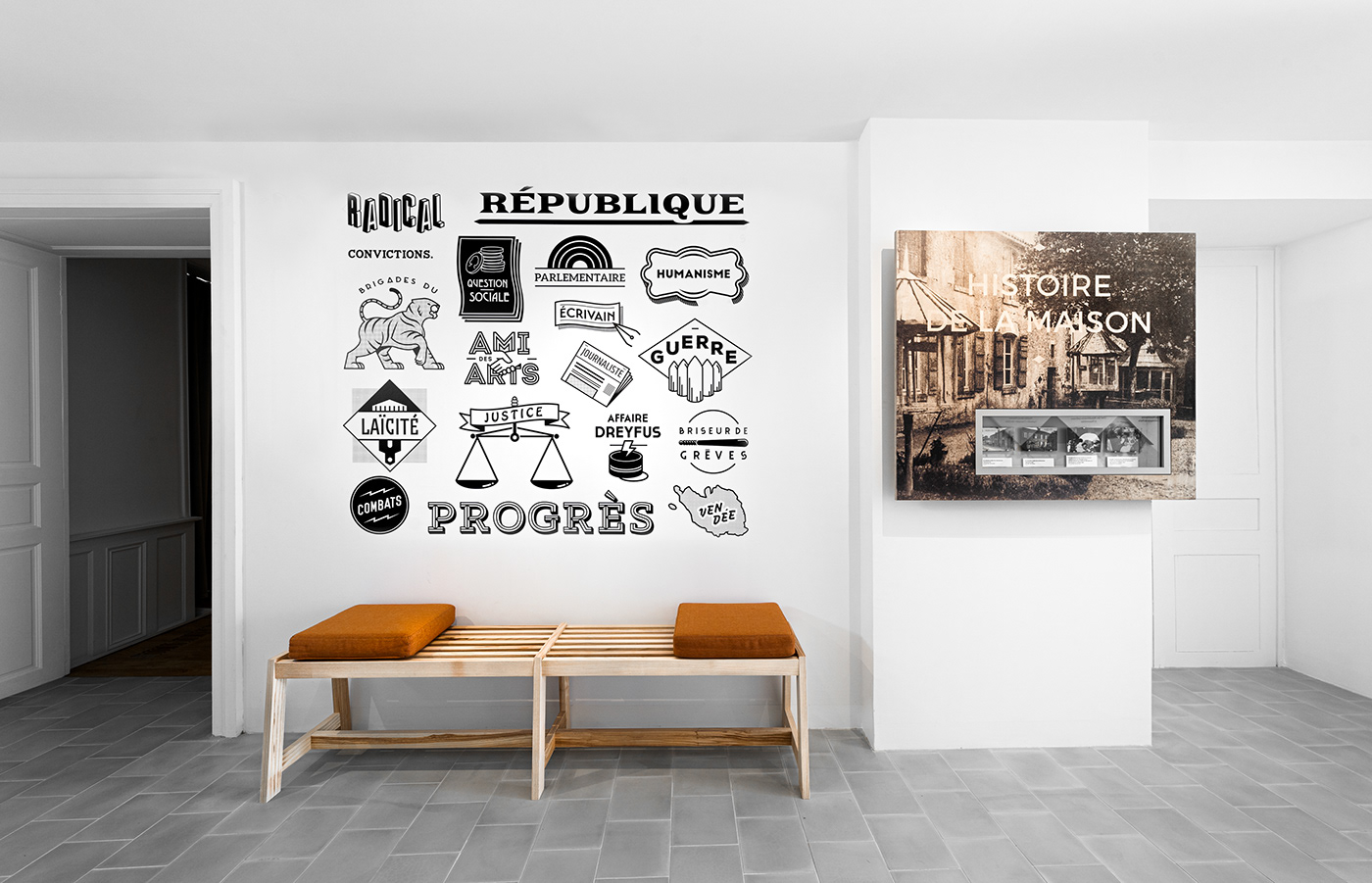 design graphic design  identity museum Photography  Scénographie scenography Signage typography   wood
