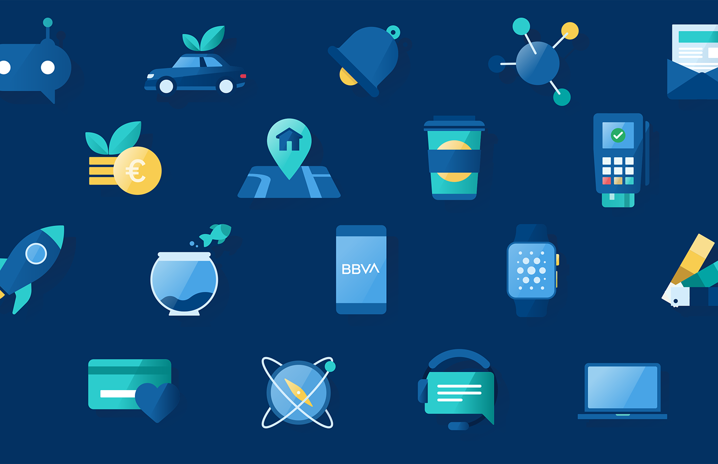 Bank bbva blue concept corporative design iconography icons illustrations pictogram