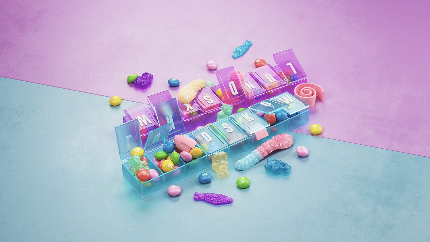 3D books Candy Food  motion pill Piñata Render surreal