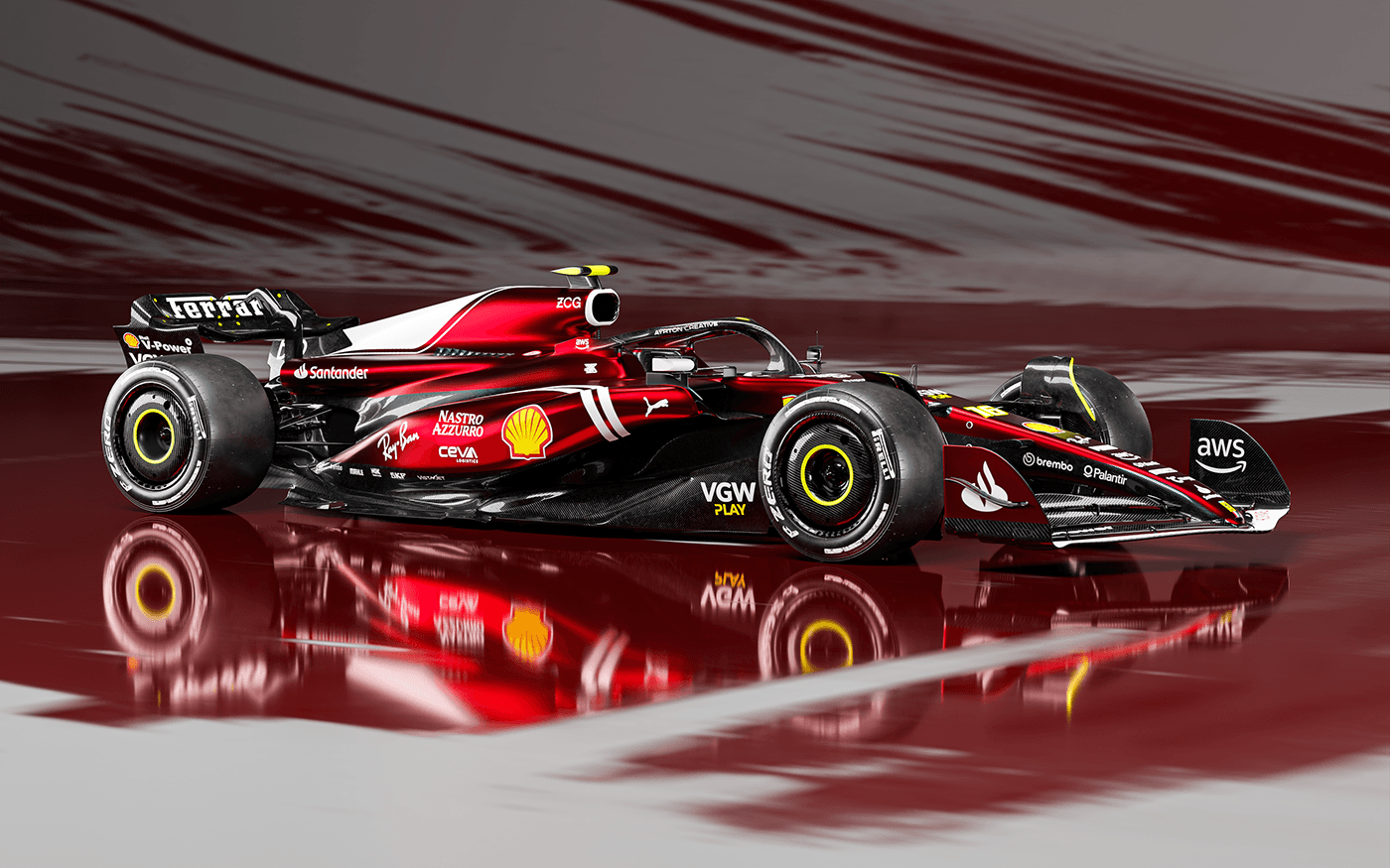 Scuderia Ferrari Formula 1 concept livery  design in an automotive digital photography scene studio