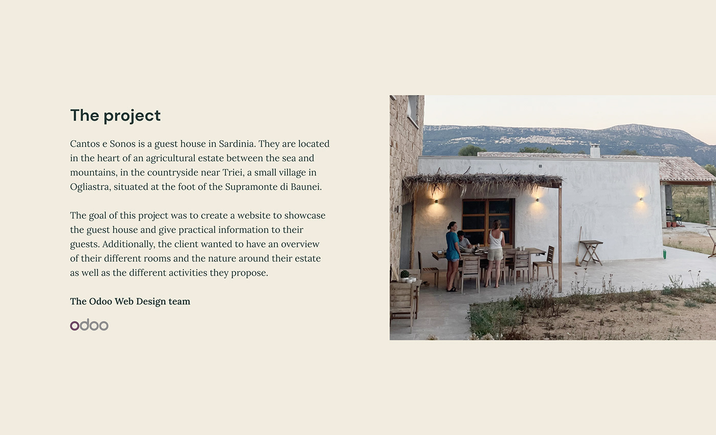 Odoo Web Design team created a website for Cantos e Sonos, a guest house in Sardinia.