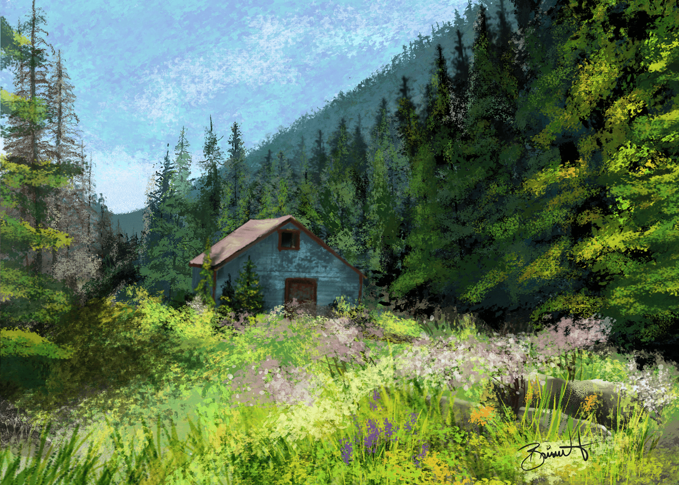 cabin fresco Hike mountains painting  