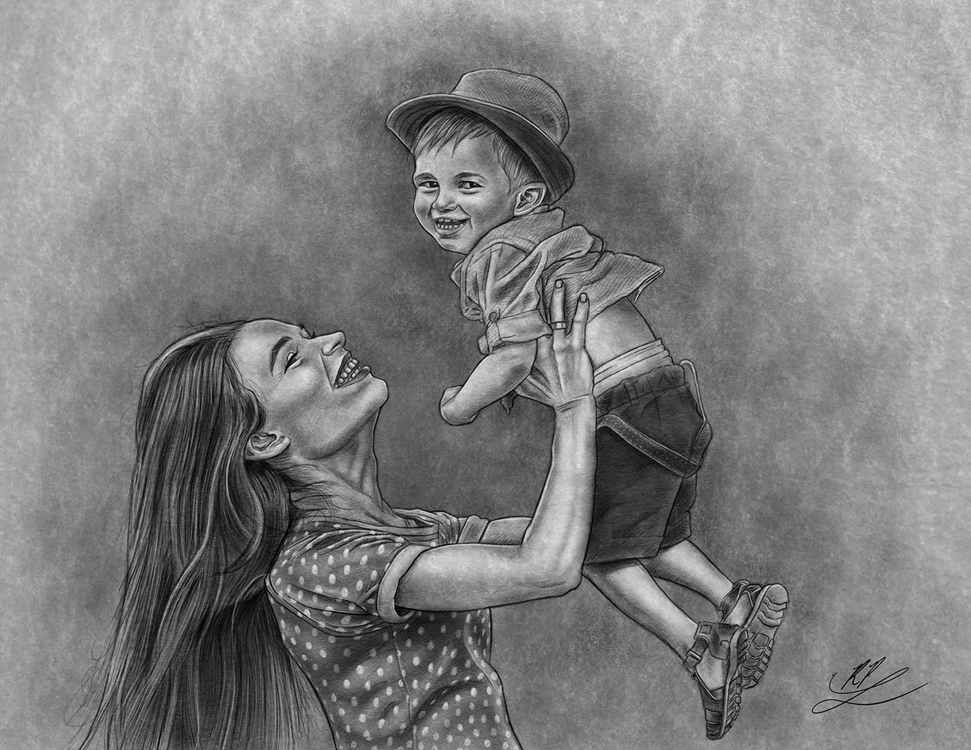 Mom and Son Realistic Drawing.