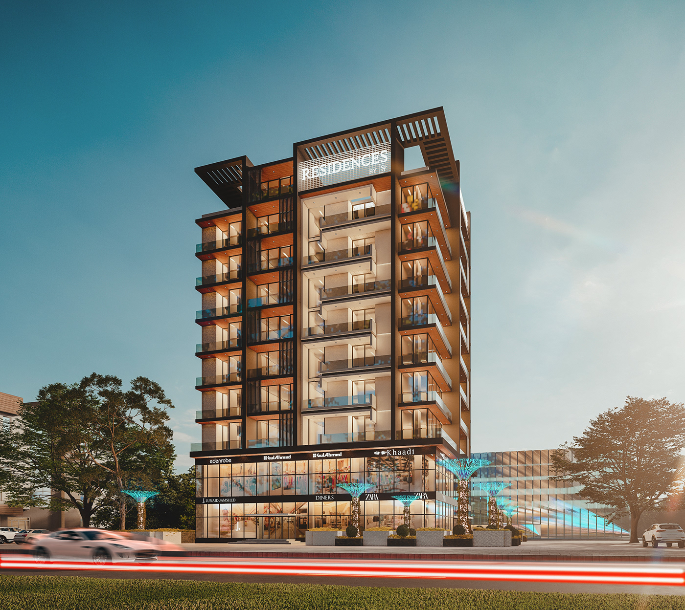 "3D render of a modern apartment building with sleek architectural design and multiple floors."
