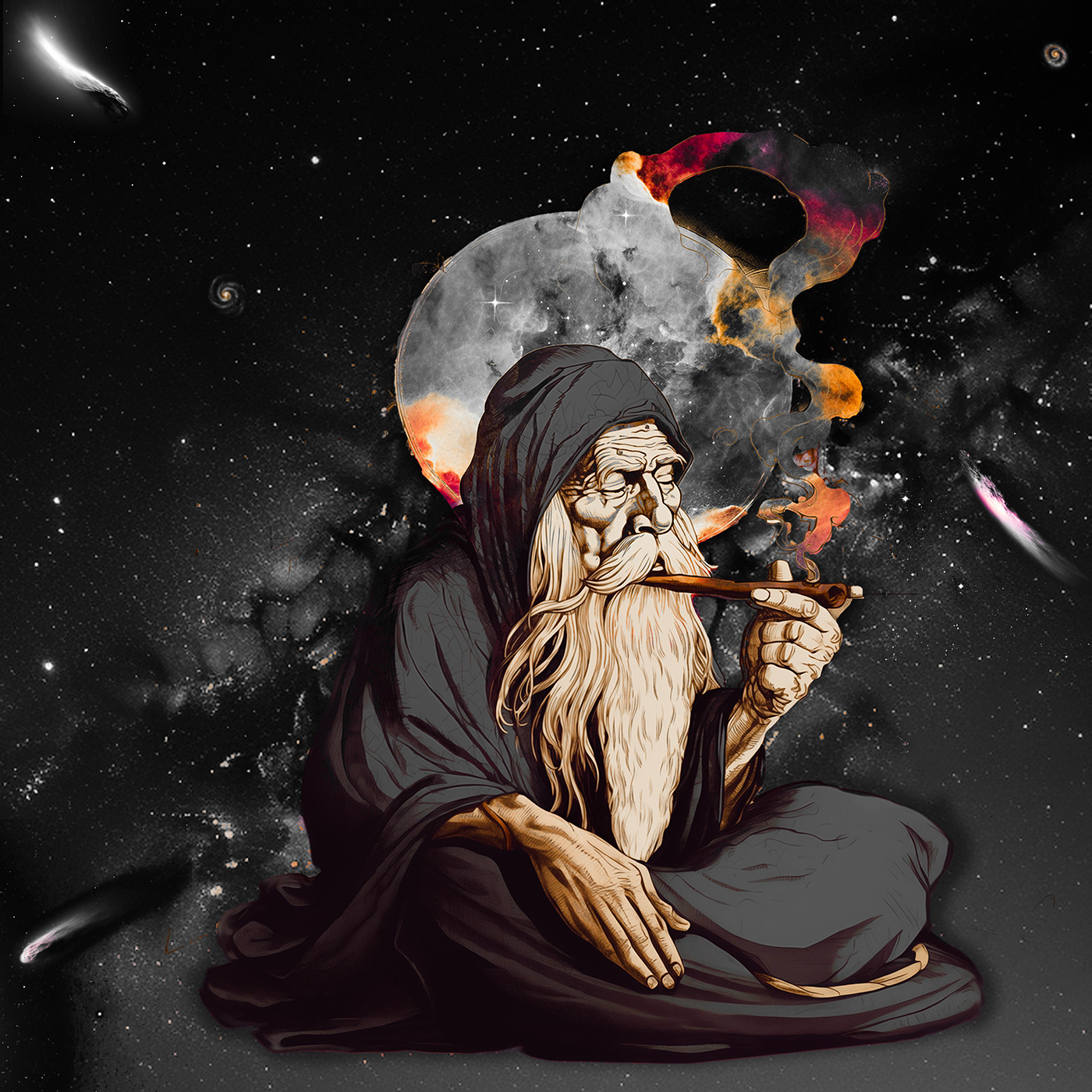 black Wise Sage beard Pipe smoke smoking Comet night digital illustration