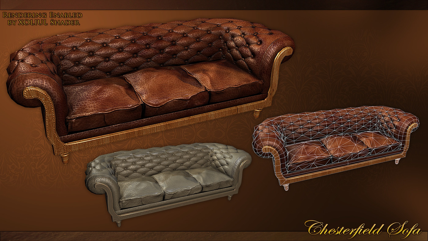 3D 3d modeling 3ds max Chesterfield Sofa furniture gameart Interior PBR Texturing realtime Texture Design