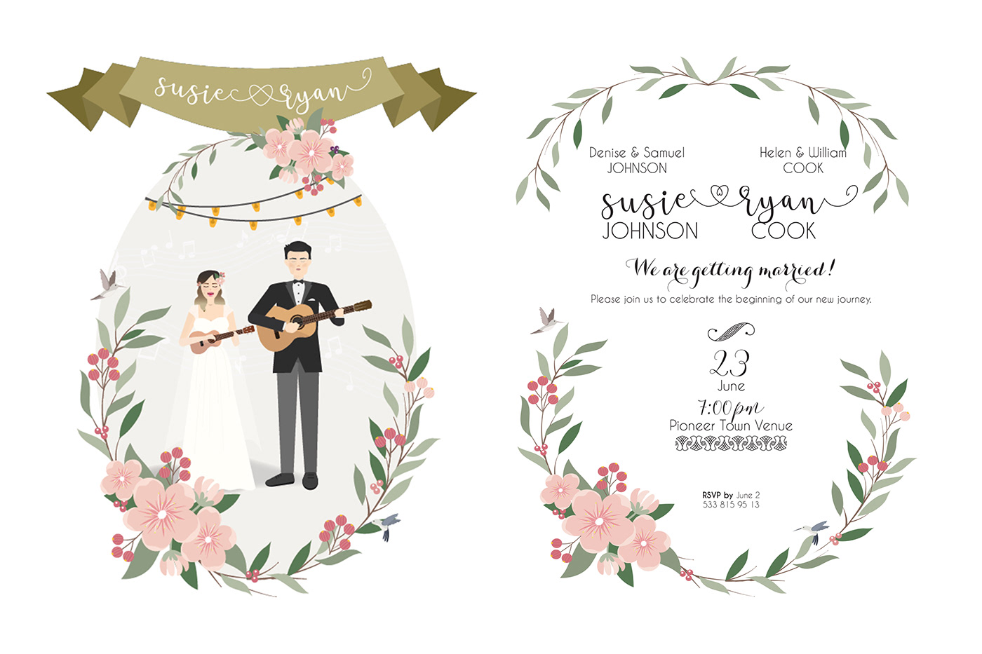 Invitation design illustrated ILLUSTRATION  Custom wedding Illustrator InDesign print