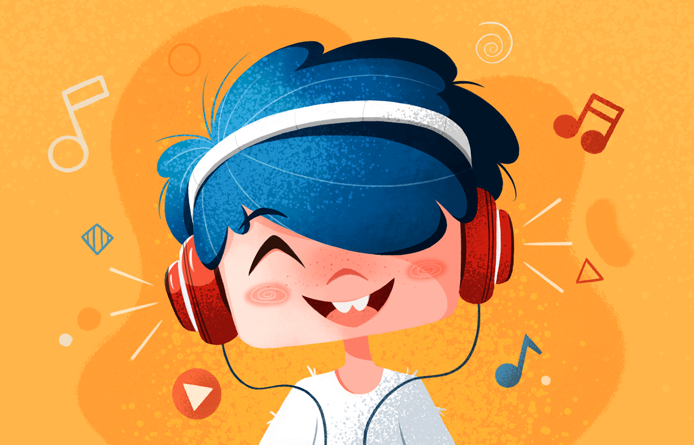 boy Character design  happy headphones ILLUSTRATION  music notes vibe