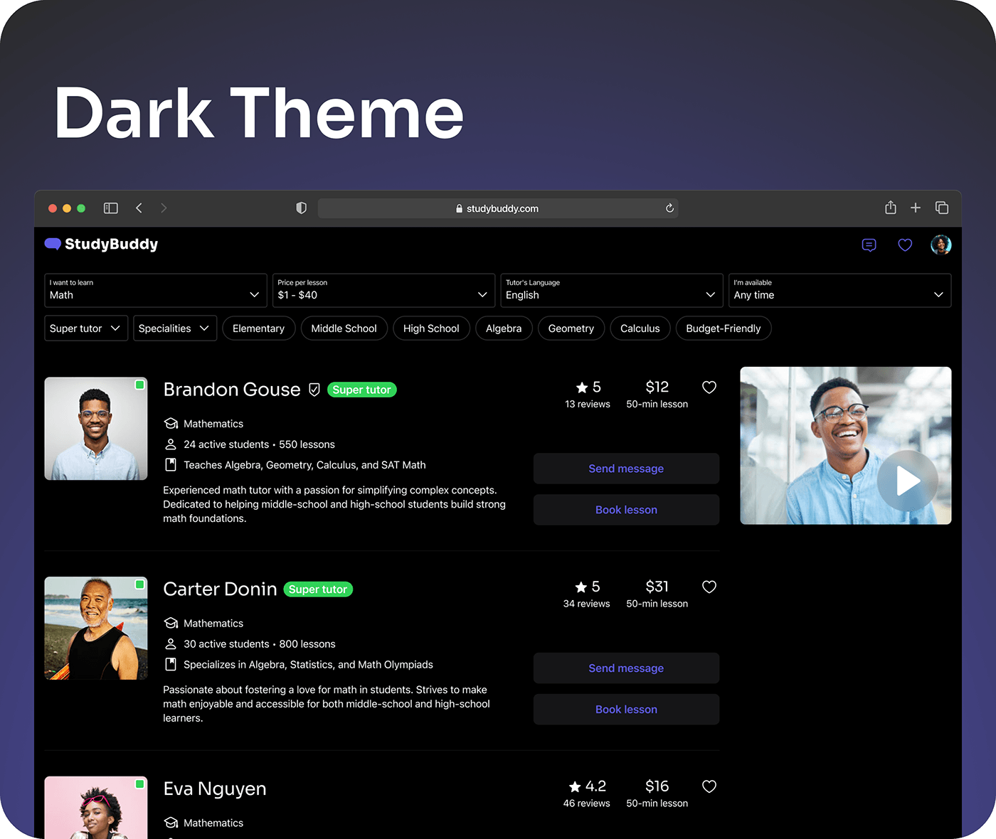 Dark theme: StudyBuddy app interface in low light.