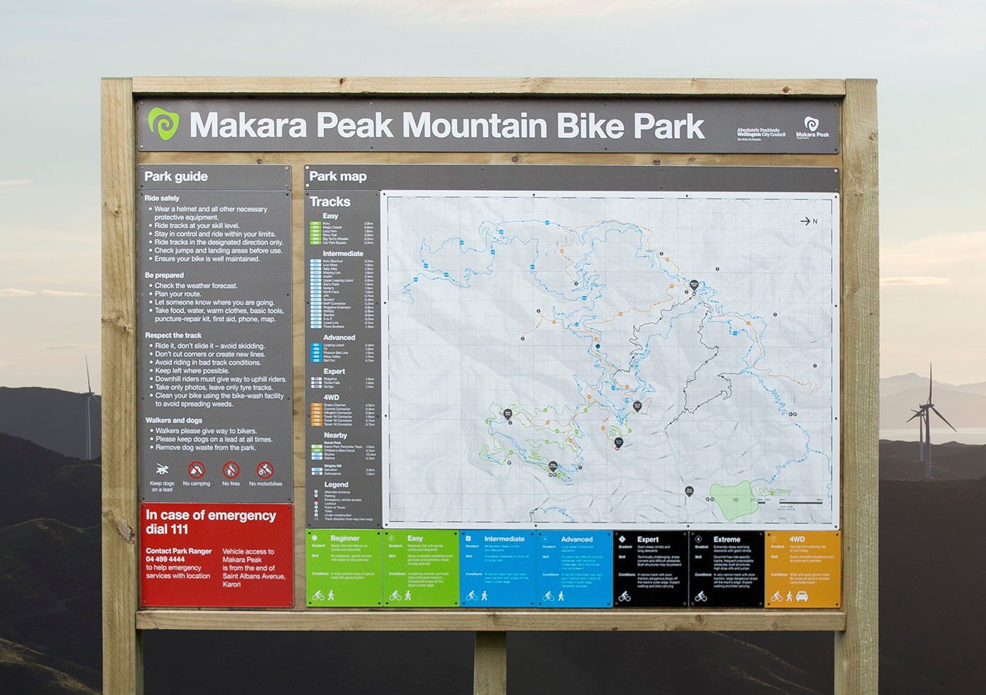 Makara Peak wayfinding Way Finding way showing Signage helvetica mountain bike Park wellington Massey navigation conservation modernist Colourful  council