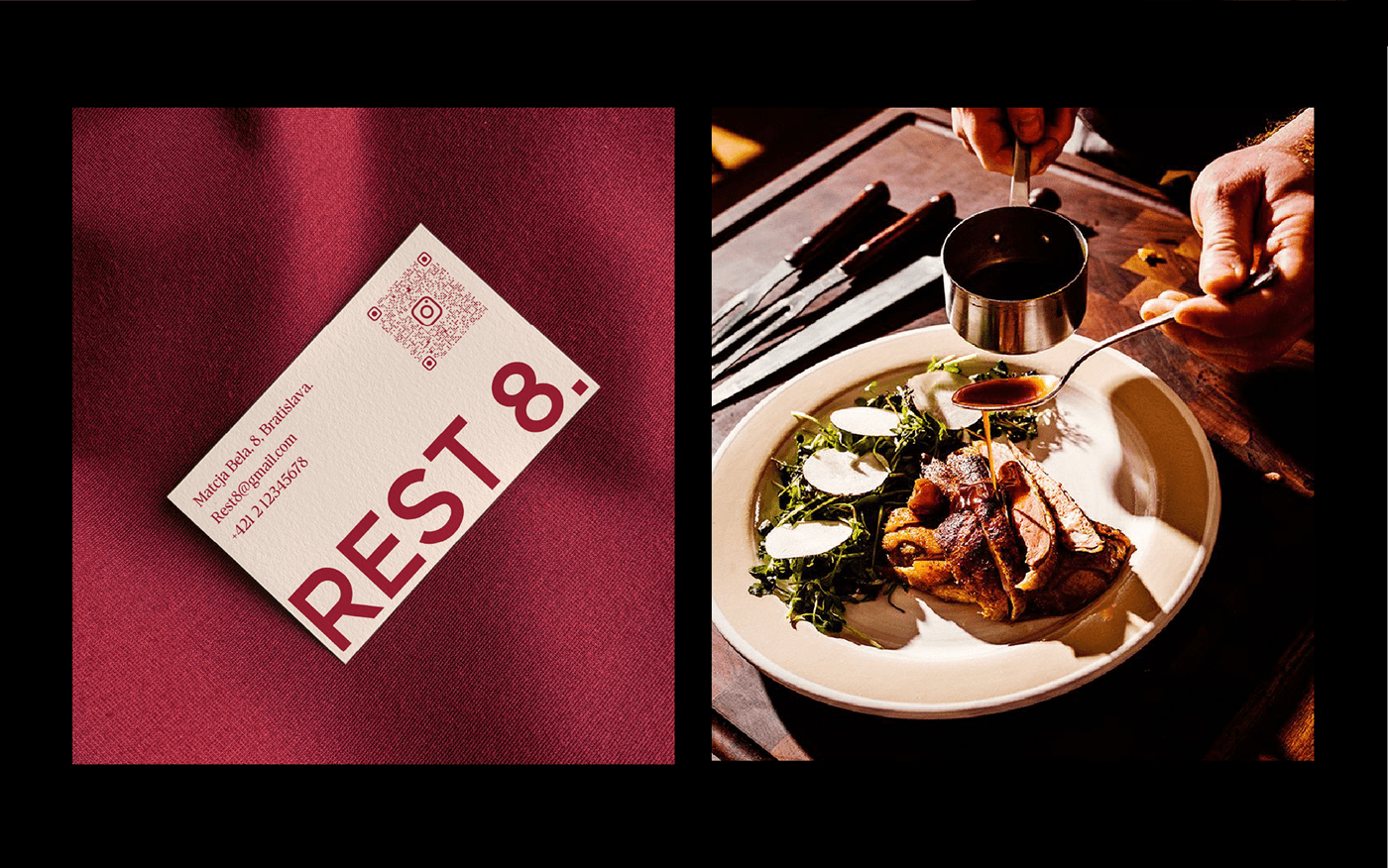 This is a shot of business card design for restaurant and photo of luxury meat dish