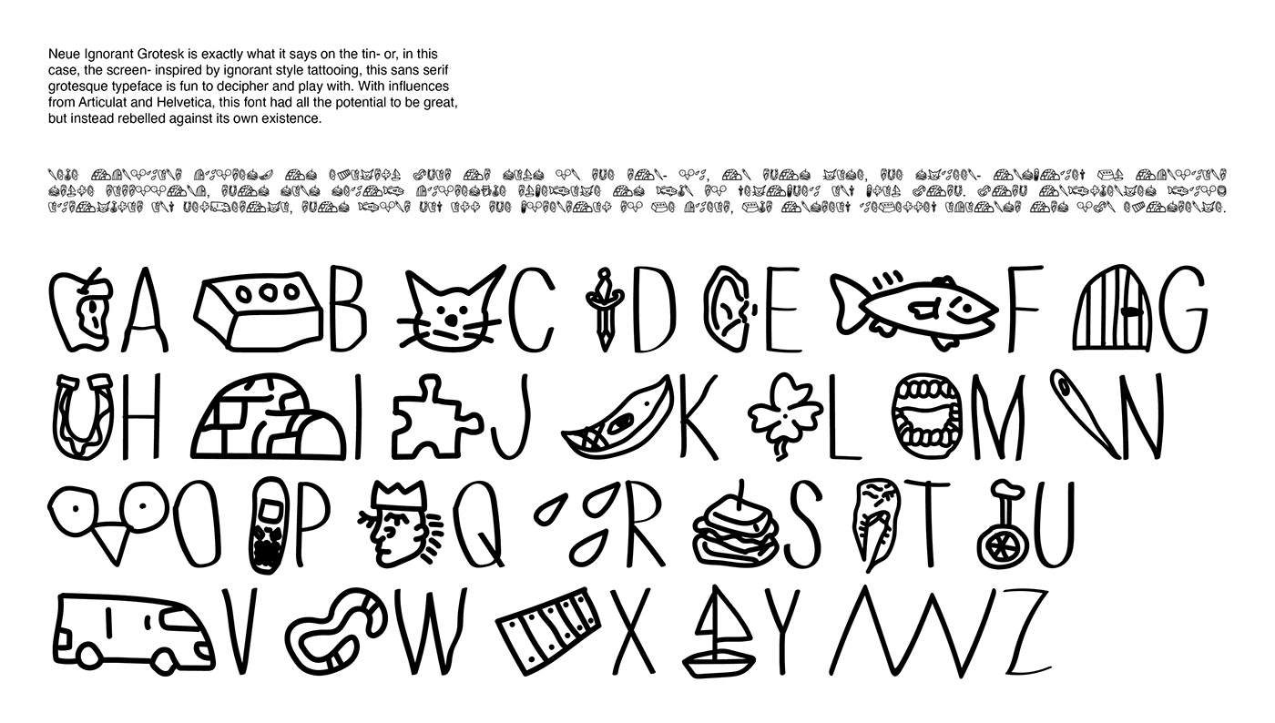 type spec font specimen showing glyphs and letterforms for sans serif display font