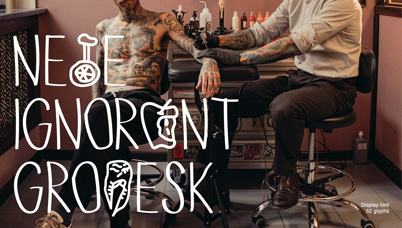 sans serif display font type spec specimen cover man being tattooed in tattoo studio photograph