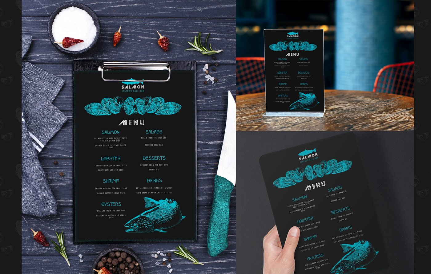 menu design Seafood Logo  cafe bar retro design engraving style salmon fish Food 